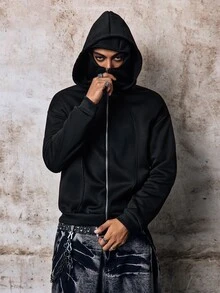 Skyrend Mens Light Gray Balaclava Hoodie, Streetwear Face Cover Sweatshirt With Split Design, Casual Outdoor Festival Grunge Autumn Winter Pullover - Black - View 1