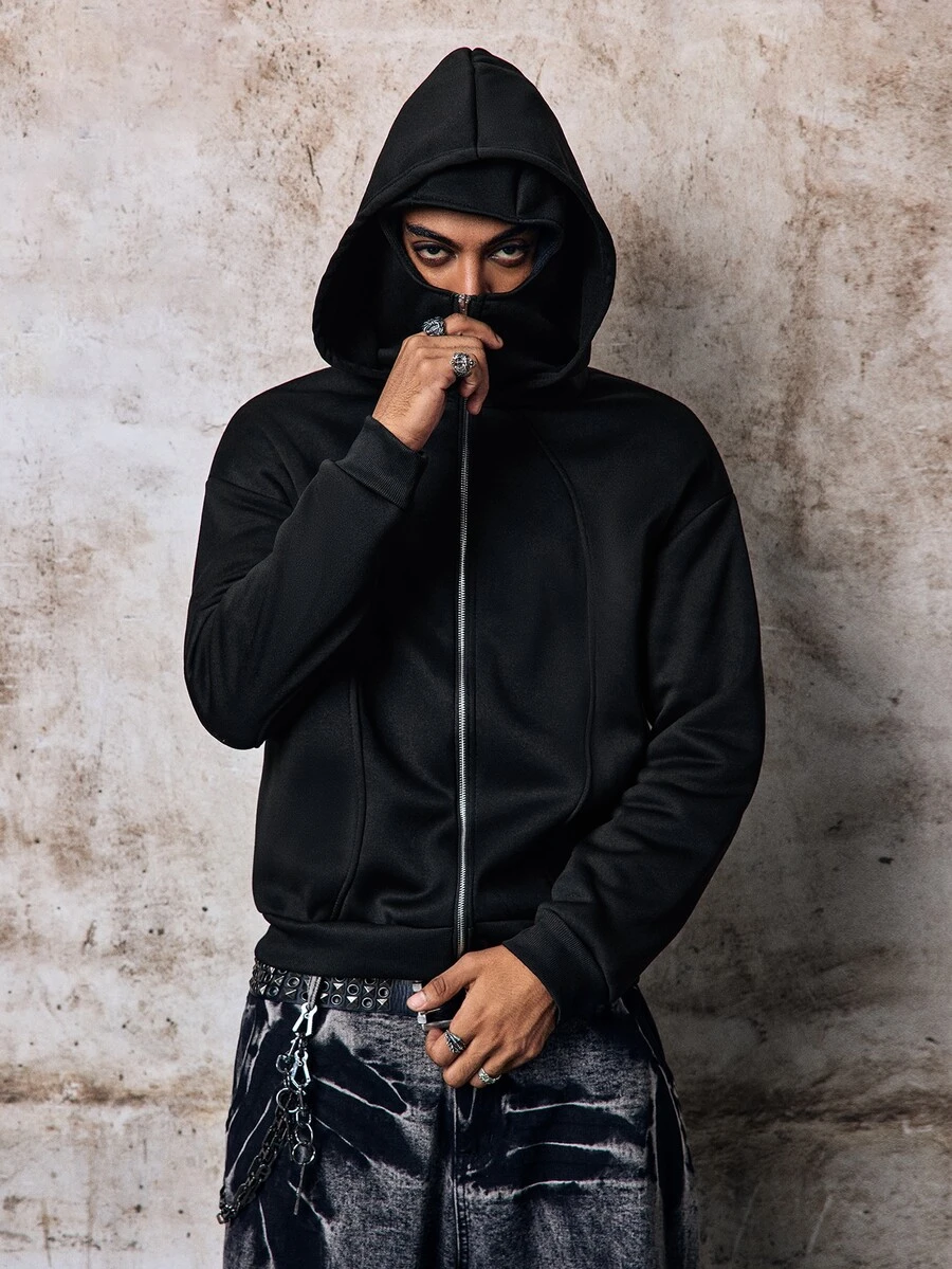 Skyrend Mens Light Gray Balaclava Hoodie, Streetwear Face Cover Sweatshirt With Split Design, Casual Outdoor Festival Grunge Autumn Winter Pullover - Black - View 1
