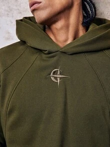 Skyrend 男士橄欖綠雙帽拼接連帽衫，寬鬆圖案刺繡街頭風，秋季，街頭穿搭，畢業，返校，復古秋冬/冬季格蘭奇 - 軍綠色 - 查看 6