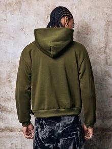 Skyrend 男士橄欖綠雙帽拼接連帽衫，寬鬆圖案刺繡街頭風，秋季，街頭穿搭，畢業，返校，復古秋冬/冬季格蘭奇 - 軍綠色 - 查看 2