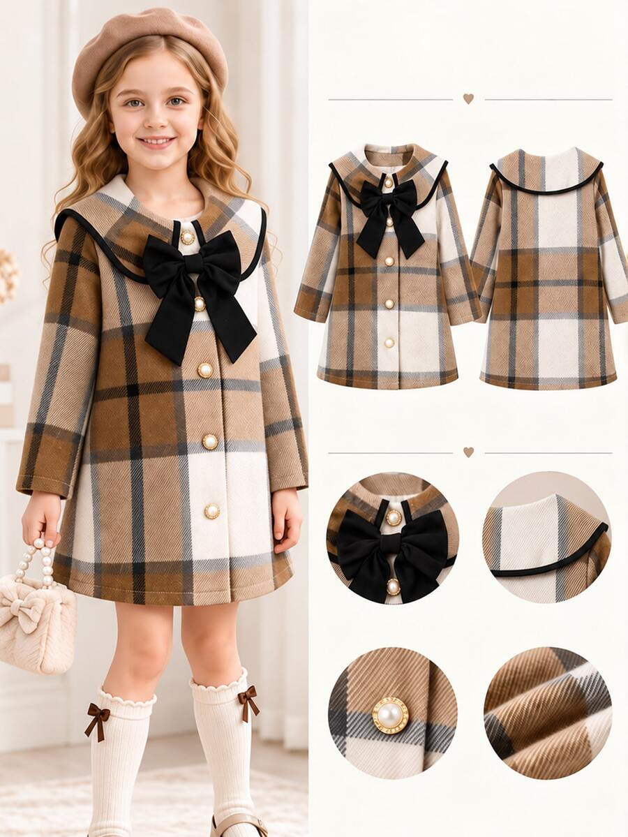 SHEIN Elladie kids 女童格紋蝴蝶結領長袖冬季羊毛大衣 - 棕色 - 查看 1