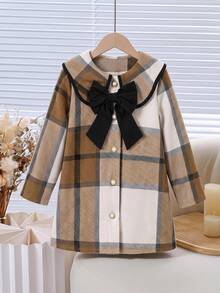 SHEIN Elladie kids 女童格紋蝴蝶結領長袖冬季羊毛大衣 - 棕色 - 查看 3