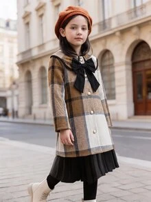 SHEIN Elladie kids 女童格紋蝴蝶結領長袖冬季羊毛大衣 - 棕色 - 查看 5