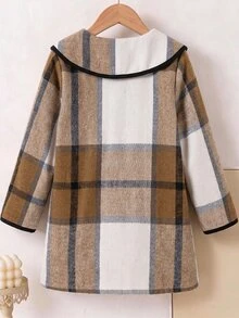 SHEIN Elladie kids 女童格紋蝴蝶結領長袖冬季羊毛大衣 - 棕色 - 查看 2