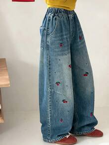 Dazy Kids Tween Girl Cherry Embroidered Pocket Wide Leg Casual Denim Jeans - Medium Wash - View 10