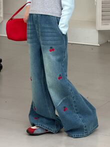 Dazy Kids Tween Girl Cherry Embroidered Pocket Wide Leg Casual Denim Jeans - Medium Wash - View 3