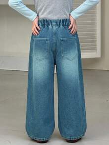 Dazy Kids Tween Girl Cherry Embroidered Pocket Wide Leg Casual Denim Jeans - Medium Wash - View 9