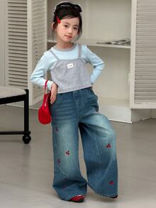 Dazy Kids Tween Girl Cherry Embroidered Pocket Wide Leg Casual Denim Jeans - Medium Wash - View 2