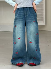 Dazy Kids Tween Girl Cherry Embroidered Pocket Wide Leg Casual Denim Jeans - Medium Wash - View 1