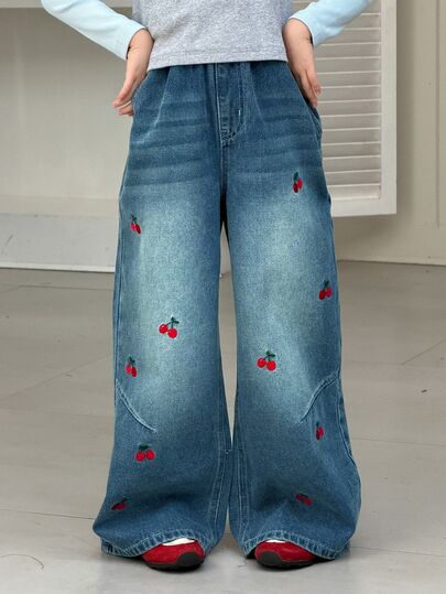Dazy Kids Tween Girl Cherry Embroidered Pocket Wide Leg Casual Denim Jeans