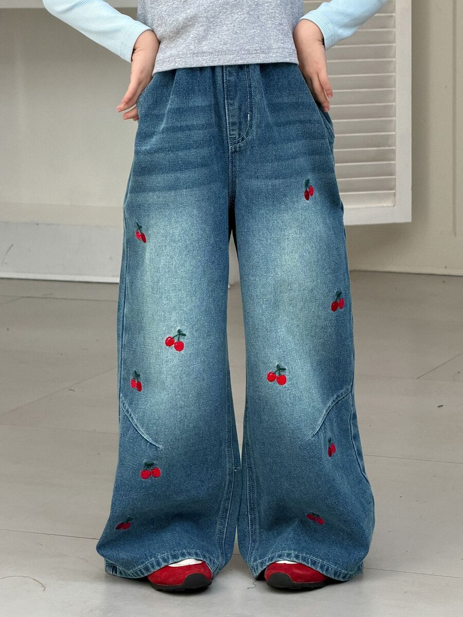 Dazy Kids Tween Girl Cherry Embroidered Pocket Wide Leg Casual Denim Jeans - Medium Wash - View 1