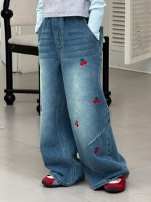 Dazy Kids Tween Girl Cherry Embroidered Pocket Wide Leg Casual Denim Jeans - Medium Wash - View 4