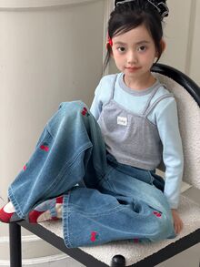 Dazy Kids Tween Girl Cherry Embroidered Pocket Wide Leg Casual Denim Jeans - Medium Wash - View 7