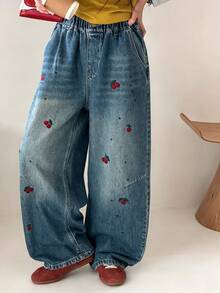 Dazy Kids Tween Girl Cherry Embroidered Pocket Wide Leg Casual Denim Jeans - Medium Wash - View 11