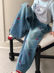Dazy Kids Tween Girl Cherry Embroidered Pocket Wide Leg Casual Denim Jeans - Medium Wash - View 6