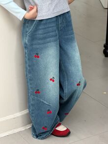 Dazy Kids Tween Girl Cherry Embroidered Pocket Wide Leg Casual Denim Jeans - Medium Wash - View 5