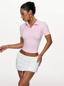 SHEIN Sports 时尚户外瑜伽、跑步、普拉提、通勤、海滩、腰部控制、修饰背部、优质弹力 Polo T 恤、休闲性感、舒适、有领、健身、短袖夹克 - 粉色 - 查看 5