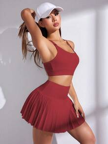 CourtClass CourtClass 2件套女士户外休闲短款吊带背心和迷你裙运动套装 - 酒紅色 - 查看 6