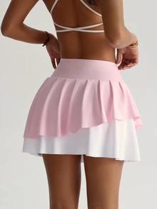 SHEIN Sports Solid Color Pleated Casual School Style Breathable Summer Sports Skirt - Pink - View 3