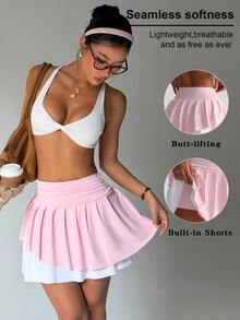 SHEIN Sports Solid Color Pleated Casual School Style Breathable Summer Sports Skirt - Pink - View 2