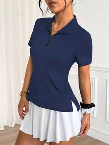CourtClass CourtClass Summer Casual Solid Color Short Sleeve Side Slit Sports Polo Shirt - Navy Blue - View 2