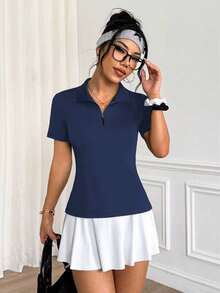 CourtClass CourtClass Summer Casual Solid Color Short Sleeve Side Slit Sports Polo Shirt - Navy Blue - View 5