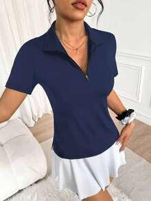 CourtClass CourtClass Summer Casual Solid Color Short Sleeve Side Slit Sports Polo Shirt - Navy Blue - View 4