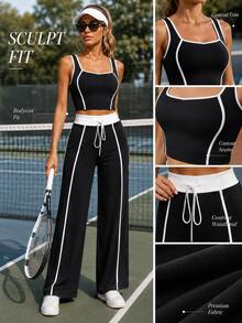 CourtClass 2pcs Women's Black And White Contrast Trim Crop Tank Top Drawstring Wide Leg Pants Set, Casual Modest Athletic Sporty Tennis Gym Summer - Black - View 5