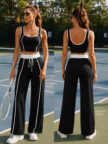 CourtClass 2pcs Women's Black And White Contrast Trim Crop Tank Top Drawstring Wide Leg Pants Set, Casual Modest Athletic Sporty Tennis Gym Summer - Black - View 2