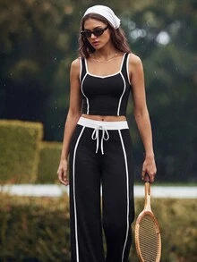 CourtClass 2pcs Women's Black And White Contrast Trim Crop Tank Top Drawstring Wide Leg Pants Set, Casual Modest Athletic Sporty Tennis Gym Summer - Black - View 1