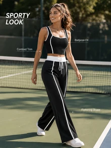 CourtClass 2pcs Women's Black And White Contrast Trim Crop Tank Top Drawstring Wide Leg Pants Set, Casual Modest Athletic Sporty Tennis Gym Summer - Black - View 6