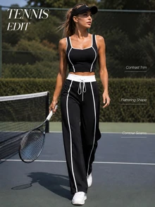 CourtClass 2pcs Women's Black And White Contrast Trim Crop Tank Top Drawstring Wide Leg Pants Set, Casual Modest Athletic Sporty Tennis Gym Summer - Black - View 3