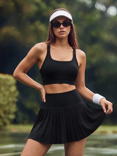 CourtClass CourtClass 夏季纯色短款露背上衣和百褶裙运动两件套健身女套装健身房女装