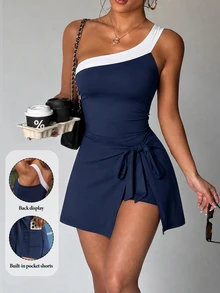 CourtClass Spring/Summer Women's Sports Dress, Navy Blue And White Colorblock One-Shoulder 2 In 1 Tie-Up Design With Built-In Shorts And Pockets, Casual Modest - Navy Blue - View 7