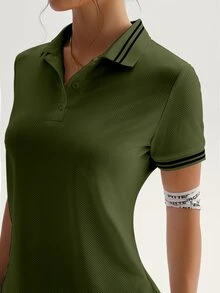 CourtClass CourtClass Women's Casual Stripe Trim Short Sleeve Sporty Polo Shirt, Summer - Army Green - View 5
