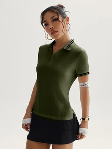 CourtClass CourtClass Women's Casual Stripe Trim Short Sleeve Sporty Polo Shirt, Summer - Army Green - View 6