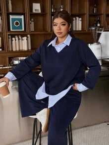 Muchica Navy Blue Plus-Size Women's Patchwork Striped Shirt Collar Two-In-One Autumn And Winter Casual Layered Sweatshirt And Pants Set Fall - Navy Blue - View 7