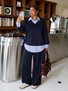 Muchica Navy Blue Plus-Size Women's Patchwork Striped Shirt Collar Two-In-One Autumn And Winter Casual Layered Sweatshirt And Pants Set Fall - Navy Blue - View 5