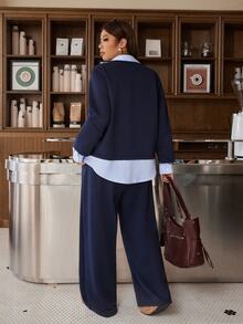 Muchica Navy Blue Plus-Size Women's Patchwork Striped Shirt Collar Two-In-One Autumn And Winter Casual Layered Sweatshirt And Pants Set Fall - Navy Blue - View 3