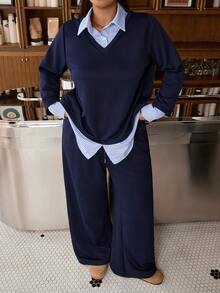 Muchica Navy Blue Plus-Size Women's Patchwork Striped Shirt Collar Two-In-One Autumn And Winter Casual Layered Sweatshirt And Pants Set Fall - Navy Blue - View 6