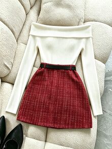 RosyDaze Bộ 2 món nữ, áo tay dài hở vai và chân váy mini tweed kẻ caro, trang trí nút kim loại, trắng đỏ, cho tiệc mùa xuân thu đông - Đỏ và trắng - Xem 3