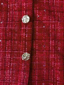 RosyDaze Bộ 2 món nữ, áo tay dài hở vai và chân váy mini tweed kẻ caro, trang trí nút kim loại, trắng đỏ, cho tiệc mùa xuân thu đông - Đỏ và trắng - Xem 6