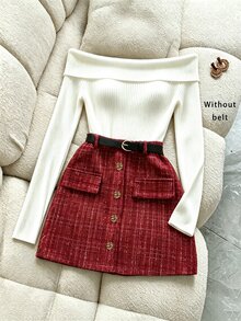 RosyDaze Bộ 2 món nữ, áo tay dài hở vai và chân váy mini tweed kẻ caro, trang trí nút kim loại, trắng đỏ, cho tiệc mùa xuân thu đông - Đỏ và trắng - Xem 4