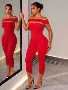 BamGleam Women's Solid Red Off-The-Shoulder Bodycon Jumpsuit, Ruched Detail Skinny Long Jumpsuit For Club,Solid Red, Ruched Hem, Slim Fit, Night Out - Red - View 4