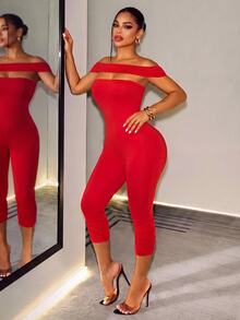 BamGleam Women's Solid Red Off-The-Shoulder Bodycon Jumpsuit, Ruched Detail Skinny Long Jumpsuit For Club,Solid Red, Ruched Hem, Slim Fit, Night Out - Red - View 6
