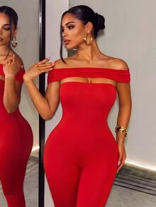 BamGleam Women's Solid Red Off-The-Shoulder Bodycon Jumpsuit, Ruched Detail Skinny Long Jumpsuit For Club,Solid Red, Ruched Hem, Slim Fit, Night Out - Red - View 7