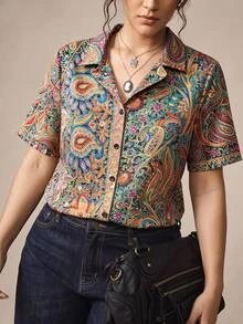 Nubod Women's Summer Printed Bohemian Boho Shirt, Holiday Casual Vacation Top, Country Concert Basic Brunch Blue - Multicolor - View 1