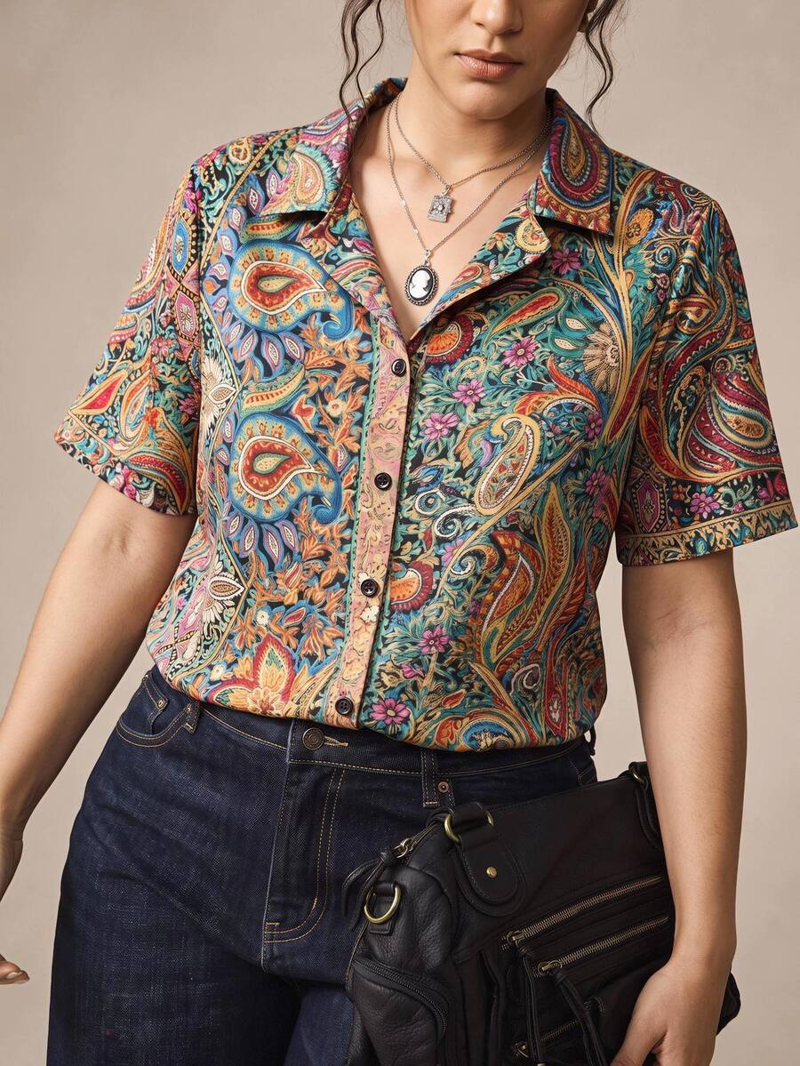 Nubod Women's Summer Printed Bohemian Boho Shirt, Holiday Casual Vacation Top, Country Concert Basic Brunch Blue - Multicolor - View 1