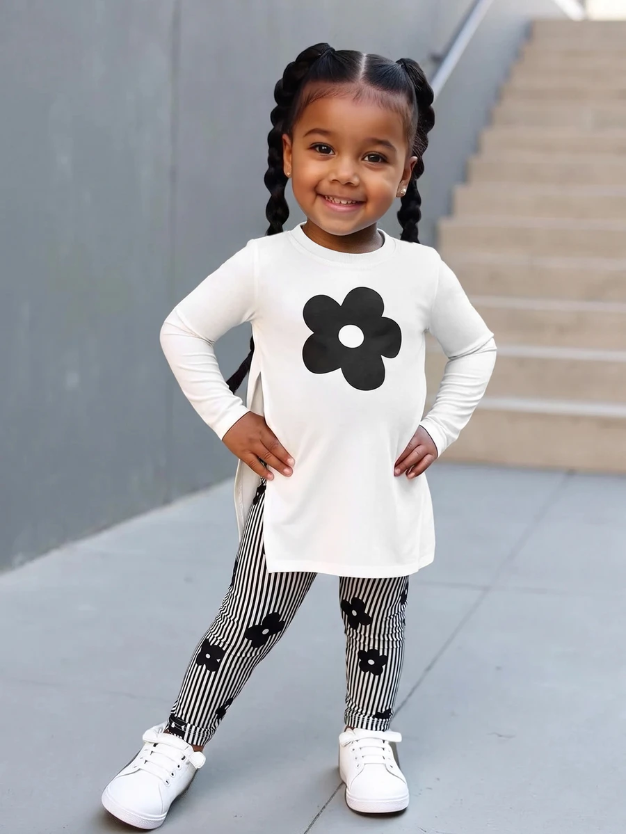 Bubblio Baby Girl Sporty Casual Knit Bear Print Long Sleeve Top & Geometric Pattern Leggings Set - Multicolor - View 1