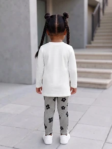 Bubblio Baby Girl Sporty Casual Knit Bear Print Long Sleeve Top & Geometric Pattern Leggings Set - Multicolor - View 5